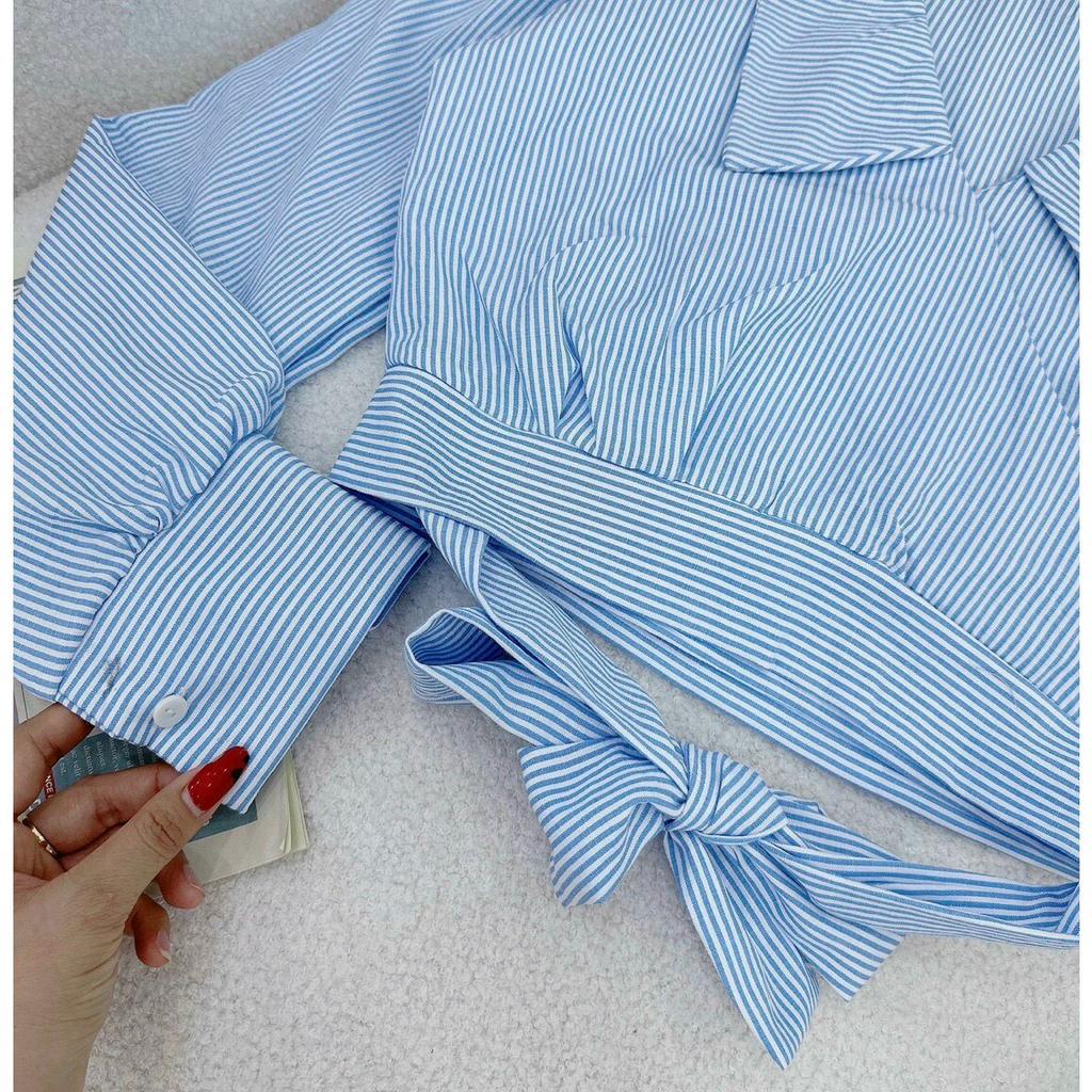 ÁO SƠ MI NỮ KIỂU CROPTOP CỔ BẺ CÀI NÚT DÀI TAY CỘT EO MÀU SỌC XANH DƯƠNG CHẤT KATE THÁI DÀY DẶN MỀM MỊN