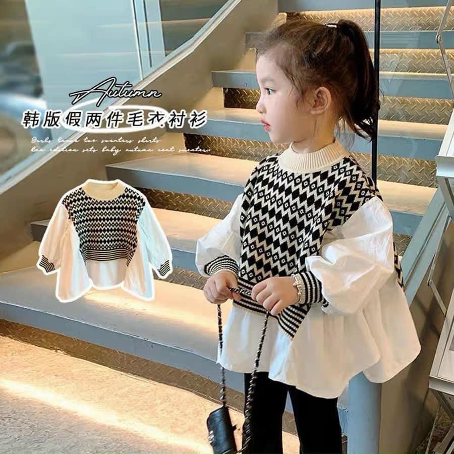 Bộ quần áo bé gái họa tiết thổ cẩm, Set áo babydoll cổ tròn dài tay và quần dài xẻ gấu cho bé từ 8-20 kg, SUN KID'S