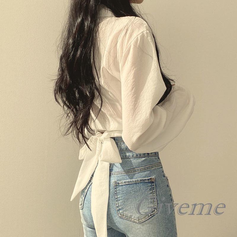 Áo Croptop Tay Dài Cổ Bẻ Màu Trơn Thiết Kế Độc Đáo Thời Trang Cho Nữ