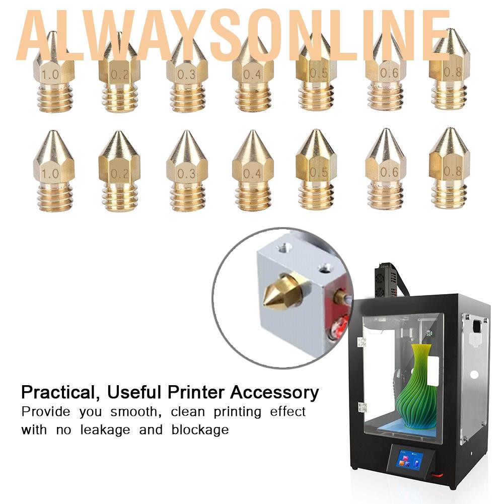 Alwaysonline 14Pcs 3D Printer Nozzle Extruder Brass Print Head 0.2/0.3/0.4/0.5/0.6/0.8/1mm