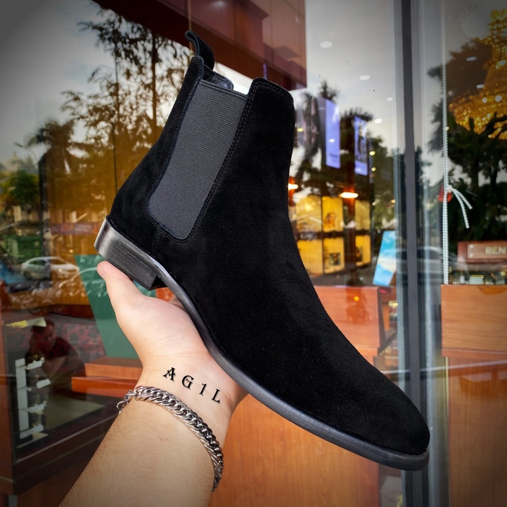 Giày Chelsea boots thời trang nam màu đen da lộn đế độn 3.5cm