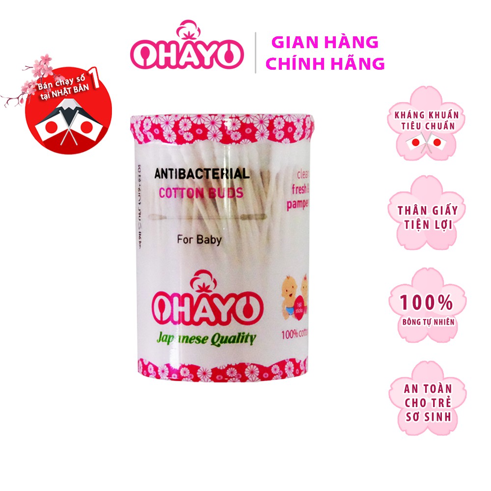 Tăm Bông Ohayo Kháng Khuẩn 100% - An Toàn - Đầu Bông 1 Xoắn 1 Tròn - Hộp 160 Que