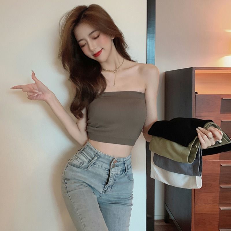 [J & N] Áo Ống Dệt Kim Mỏng Dáng Ngắn Hở Vai Quyến Rũ Thời Trang Cho Nữ