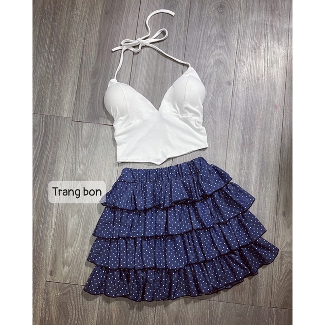 Set áo dây yếm + chân váy jean tầng