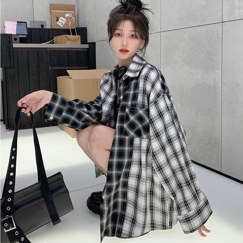 SUXI Áo Khoác Sơ Mi Chống Nắng Dáng Rộng Kẻ Sọc Ca Rô Trắng Đen Kiểu Retro Thời Trang Mùa Thu Cho Nữ