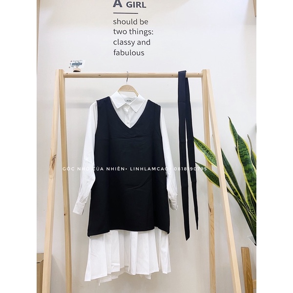 Set Váy Sơ Mi Xếp Ly Phối Gile Yếm Đen Ullzzang