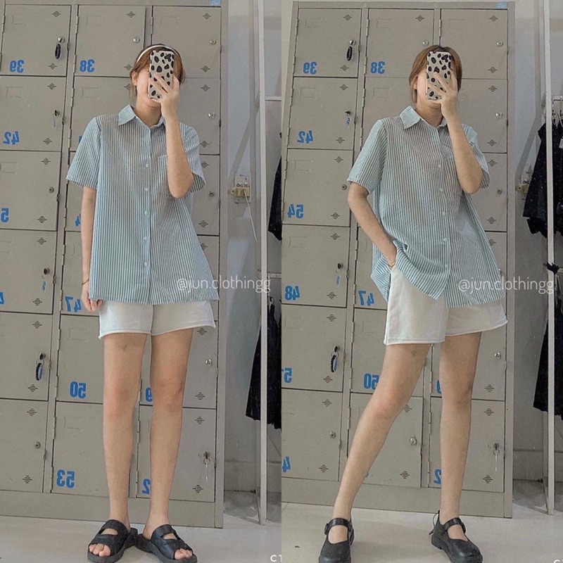 Áo sơ mi cộc tay hoạ tiết sọc xẻ lưng vạt chéo mang hằng ngày đi học đi chơi