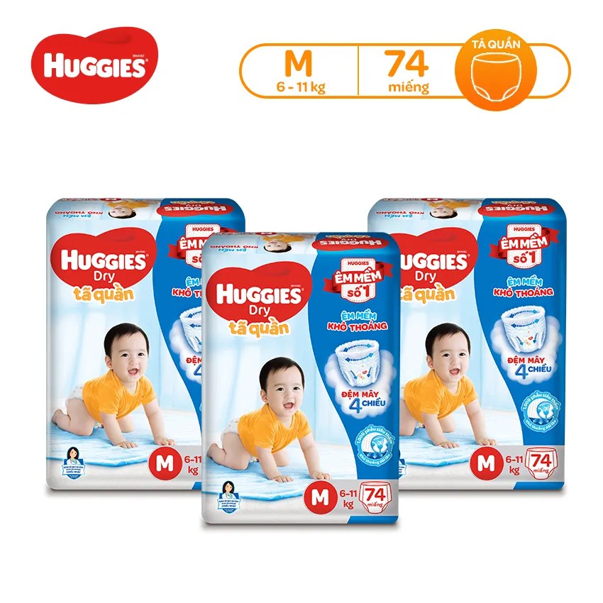 Combo 3 Tã quần Huggies Dry Super Jumbo M74/L68/XL62/XXL56