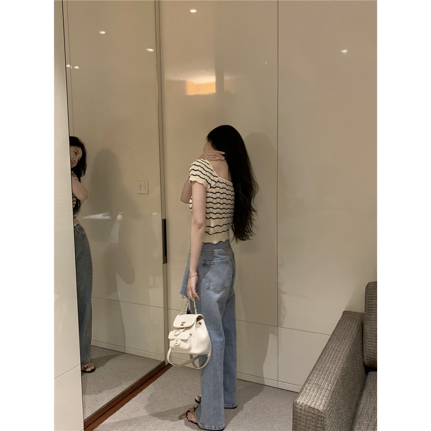 Cocory vn Áo Thun Dệt Kim Ngắn Tay Cổ Vuông Họa Tiết Kẻ Sọc Form Ôm Thời Trang Mùa Hè