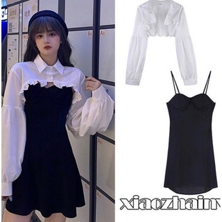 Set Ulzzang váy đen áo croptop tay dài kate sơ mi