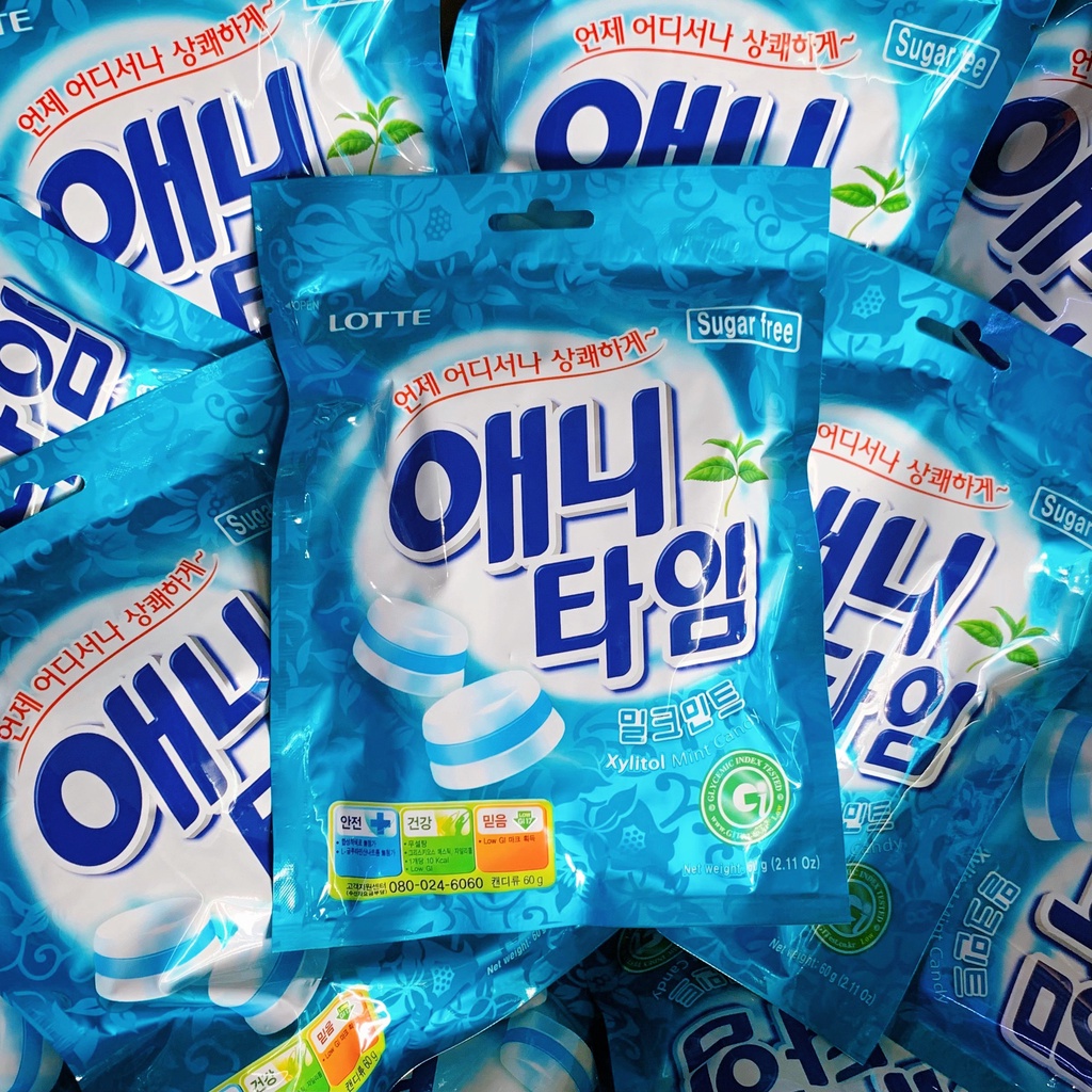 Kẹo Bạc Hà Hàn Quốc Lotte Anytime Không Đường Gói 60g