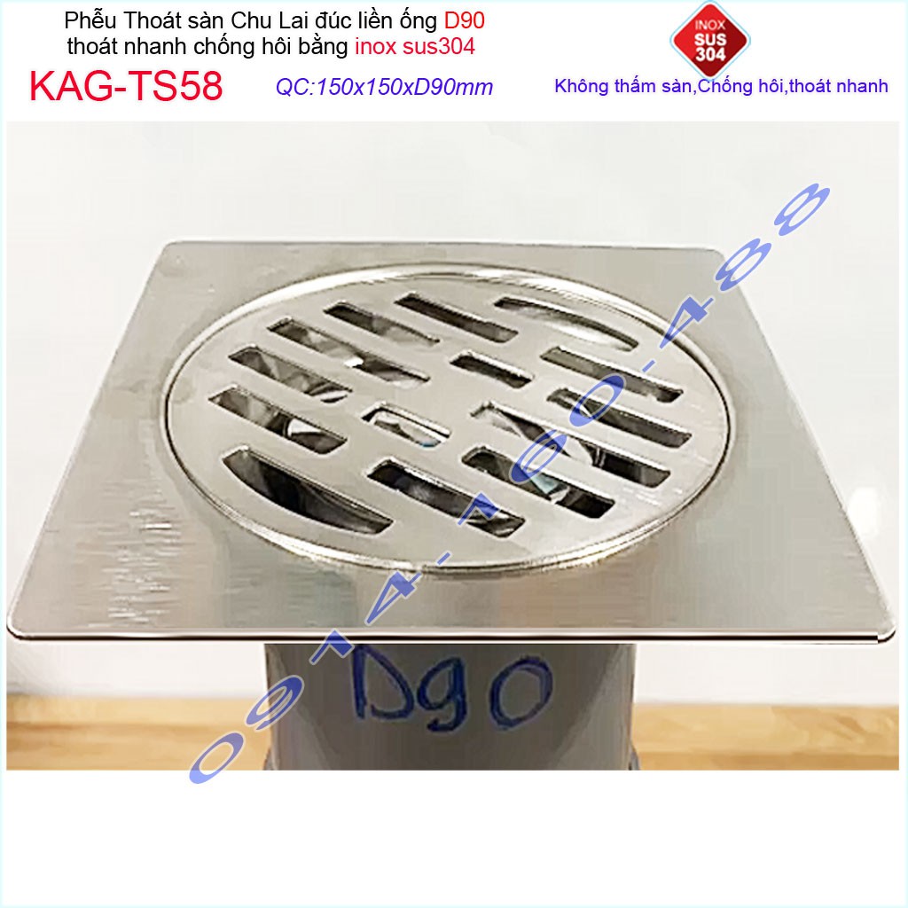 Phễu thoát sàn Chu Lai 15x15cm KAG-TS58-D90, Hố ga Thoát sàn chống hôi ống 9cm inox 304 đúc dày thoát nhanh chặn tóc tốt