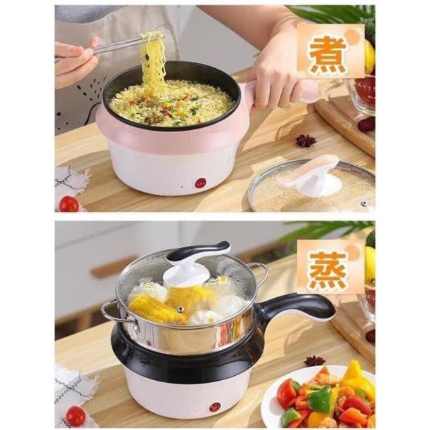 BH 1 Năm Nồi Lẩu Điện Mini Kèm Khay Hấp INOX, Nồi Điện Đa Năng Chiên Xào Nấu Hấp Loại 18cm - Bảo Hành 1 Năm