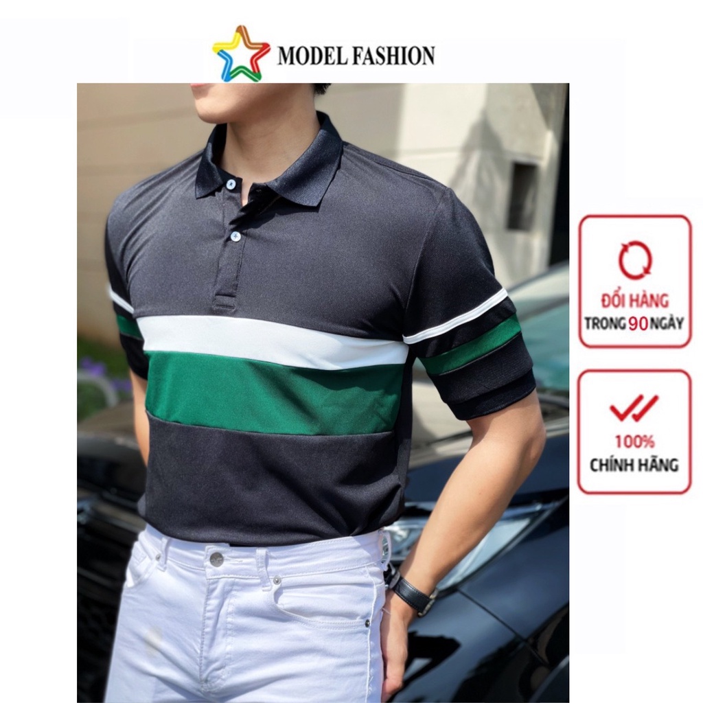 Áo thun polo nam nữ tay ngắn đen sọc ngang xanh lá trắng hàn quốc Model Fashion