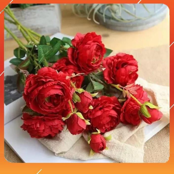 [Giá lẻ bằng giá sỉ] (Cành 3 bông) Hoa hồng mẫu đơn vải lụa - hoa hồng giả cành 3 bông size to