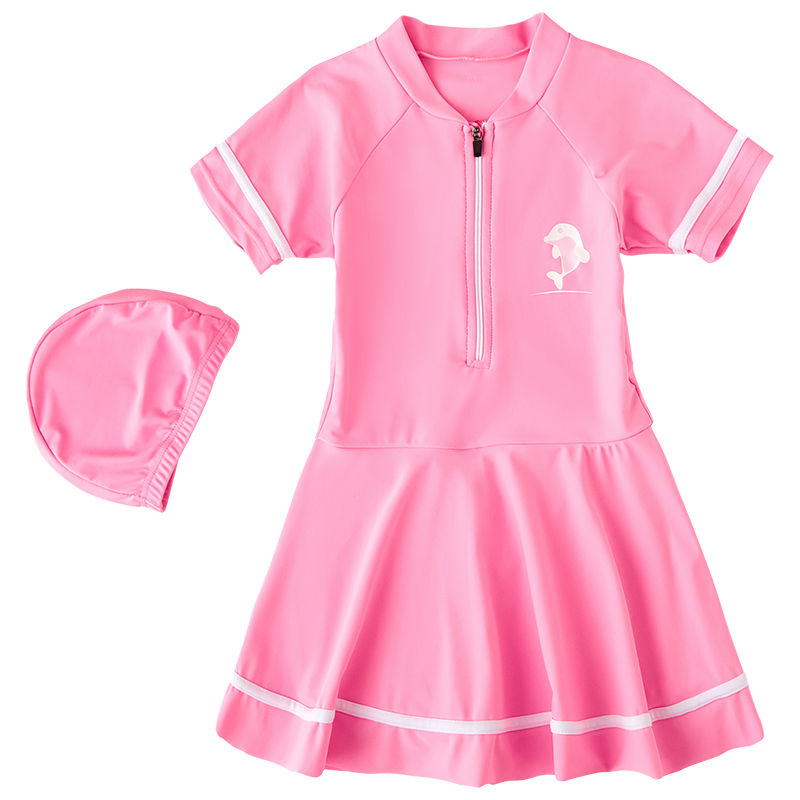 Girls swimwear 1-piece for beach sports short-sleeved cute pink