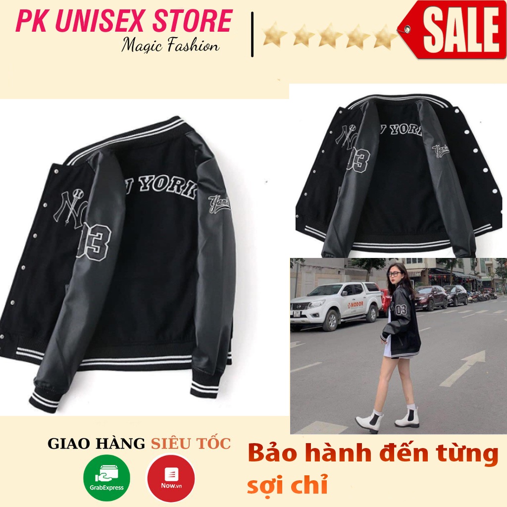 Áo bomber NY bóng chày tay da lộn unisex, áo khoác bóng chày PK Unisex Store