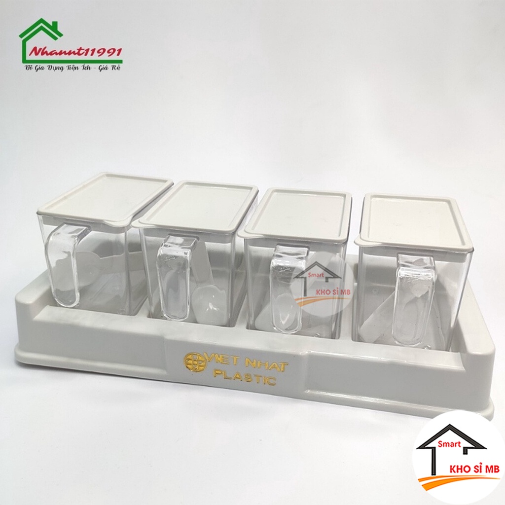 hộp đựng gia vị kèm thìa bộ 4 Việt Nhật, hũ/lọ đựng gia vị kèm khay bằng nhựa, trong suốt kho sỉ mb
