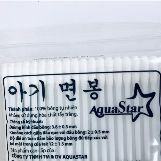 Tăm Bông Trẻ Em Kháng Khuẩn Cao Cấp Bịch 100 Que Nhựa 2 Đầu Tròn Xoắn Aquastar- Công Nghệ Korea