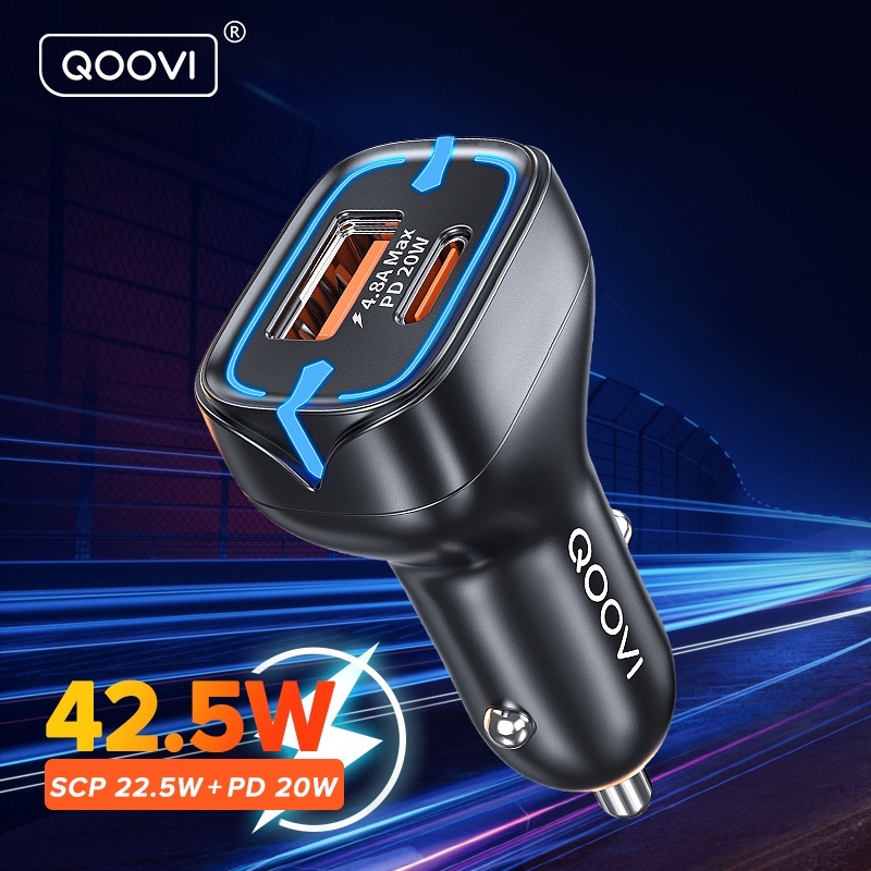 Tẩu sạc điện thoại QOOVI USB C 42.5W Type C nhanh trong xe hơi 2 cổng chuyên dụng