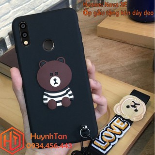 Ốp lưng Huawei Nova 3E gấu gắn nổi chống sốc (tặng kèm dây đeo tay) ( màu đen)