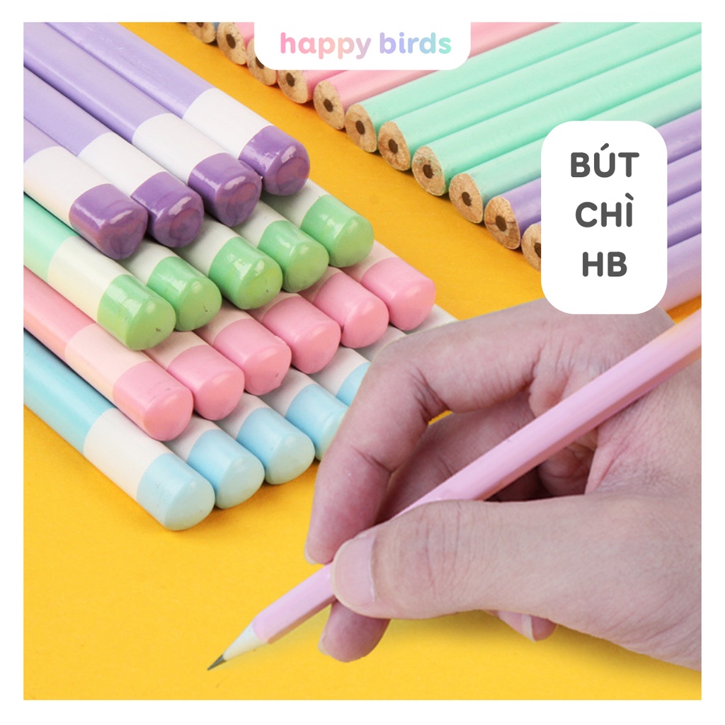 Bút chì thân gỗ HB/2B tam giác màu pastel dùng để phác họa, học tập HappyBirds