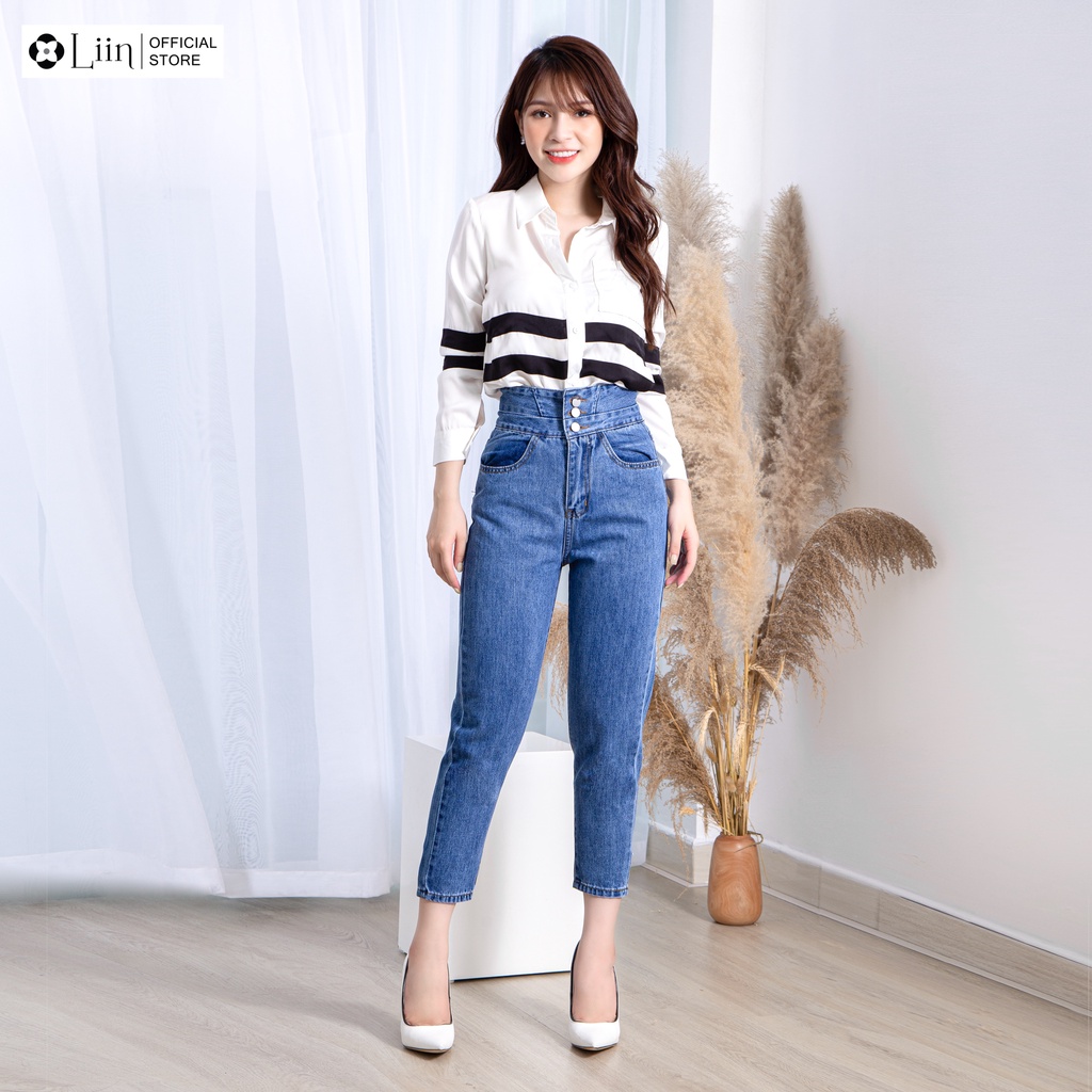 Quần Jean xanh 3 Cúc thiết kế cạp cao, phong cách cá tính, năng động Liin Clothing Q3462