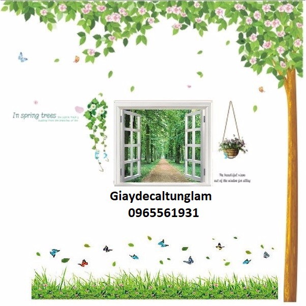 Decal Dán Tường Combo  Cây Xanh,Cửa Sổ ,Chân Tường Cỏ Xanh