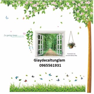 Decal dán tường combo cây xanh,cửa sổ ,chân tường cỏ xanh