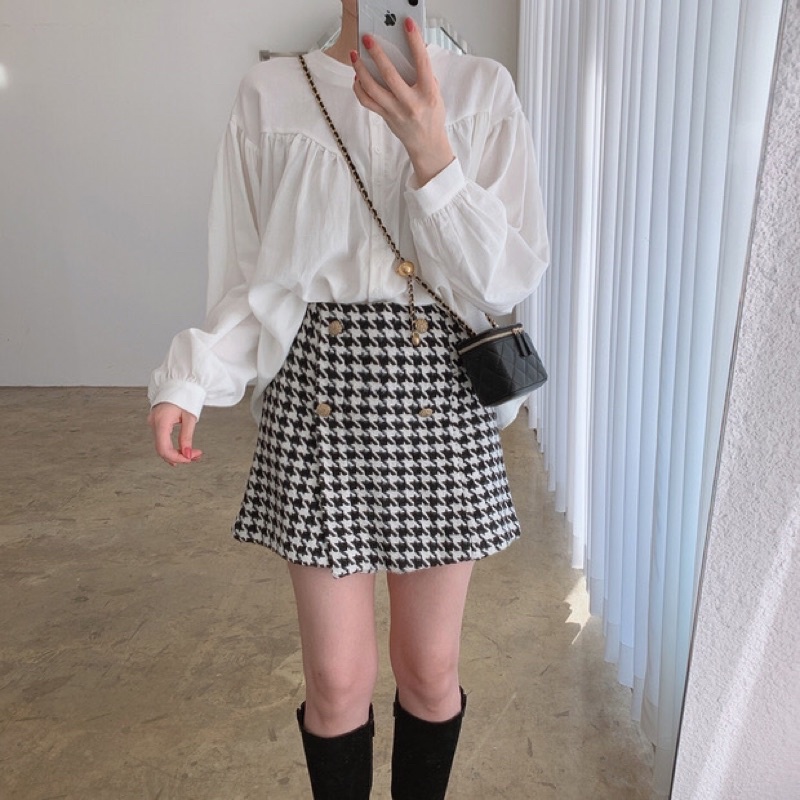 SET ÁO KHOÁC GILE VÀ CHÂN VÁY ĐÍNH CÚC ÁO SƠ MI KẺ CẢO DẠ TWEED