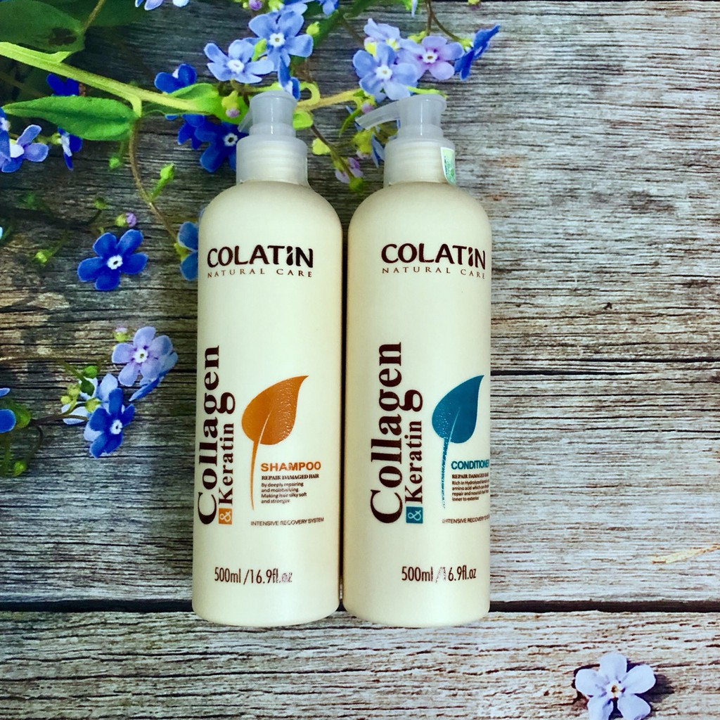 Cặp dầu gội, dầu xả Colatin Collagen và Keratin 500ml dành cho tóc hư tổn, khô xơ với dưỡng chất tơ tằm