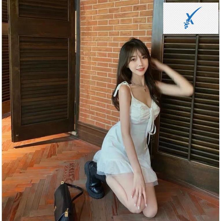 👚👗👚👗 (Mễ Bối_ORDER) Đầm trắng 2 dây ôm body trắng thắt nơ ngực đuôi cá phối ren/Váy bánh bèo ulzzang mút ngưc 👚👗