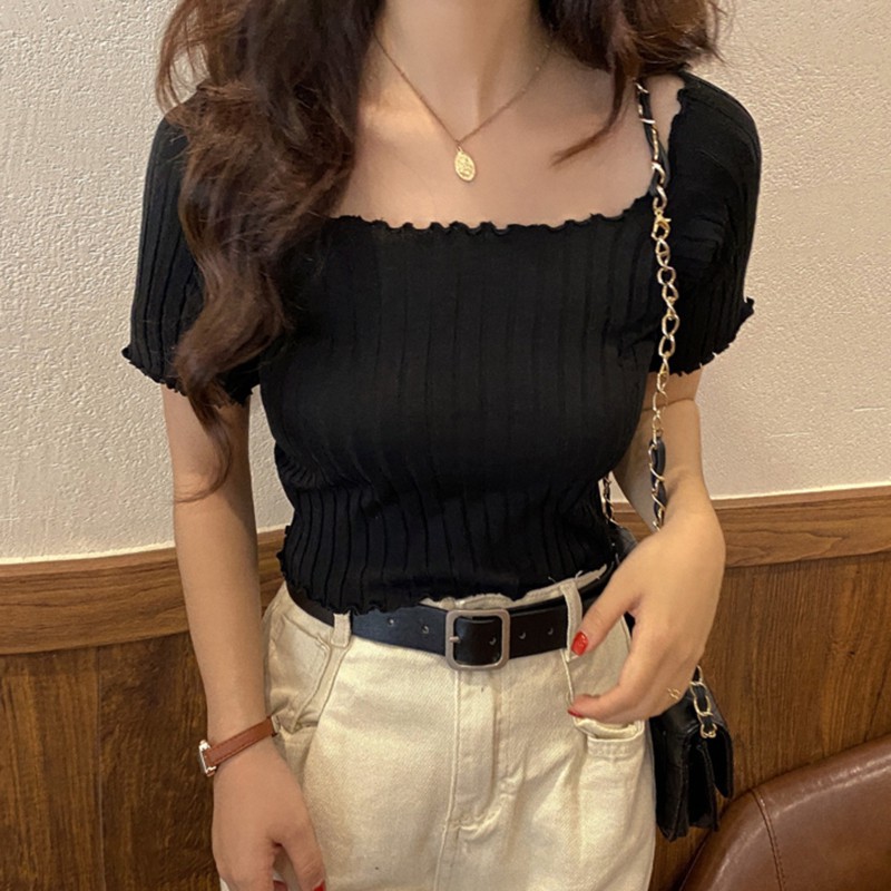Áo croptop dệt kim trễ vai màu trơn thời trang cho nữ