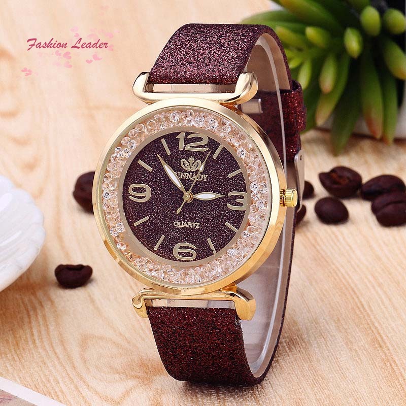✽FL✽Women Watches Crystal Ball Dial Shiny PU Leather Strap Wristwatch Analog Quartz