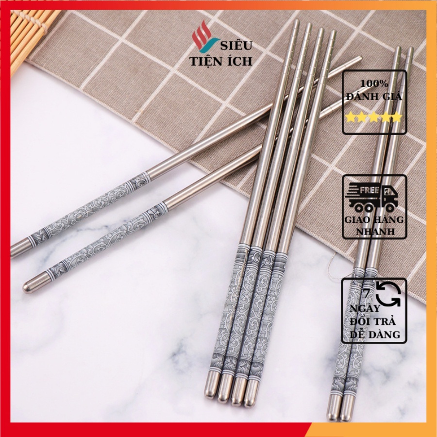 Đũa inox cao cấp hoa văn chống trượt (set 5 đôi)