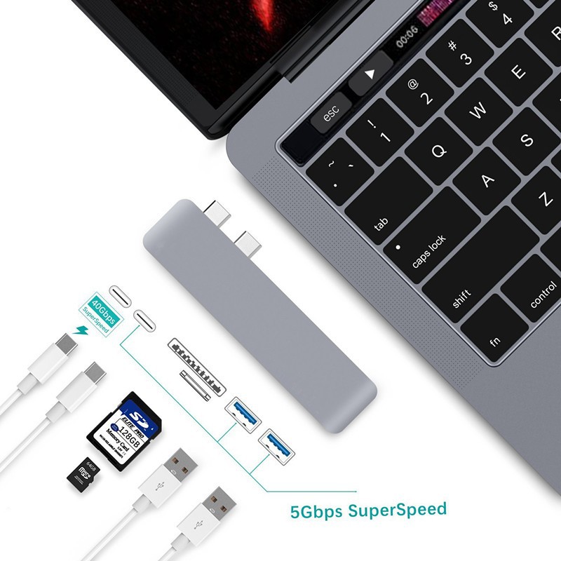 Thunderbolt 3 USB C Hub to PD/USB-C Date/TF/SD Card Reader/Hub 3.0 Adapter for MacBook Pro/Air 2018 Type-C