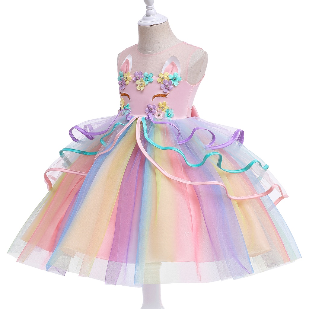 Đầm Công Chúa Họa Tiết Kỳ Lân Màu Cầu Vồng Xinh Xắn Cho Bé Gái 4-10 Tuổi