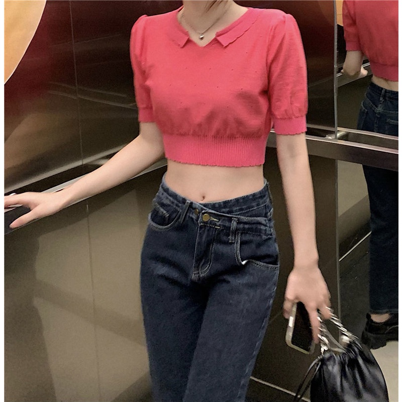 Áo Croptop Dệt Kim Tay Phồng Phối Ren Thời Trang Mùa Xuân Hàn Quốc Ngọt Ngào