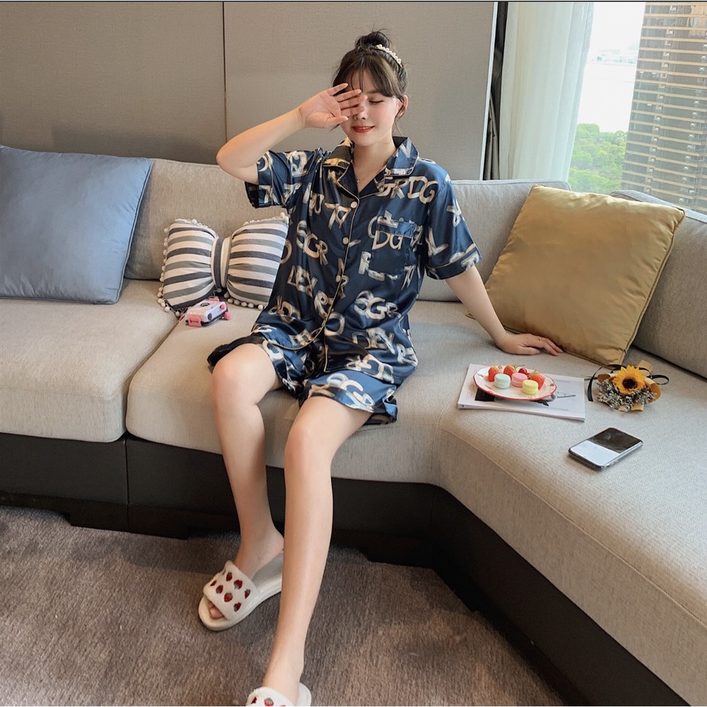 Bộ bộ pijama cộc tay couple nam nữ chất vải lụa phi bóng siêu mát