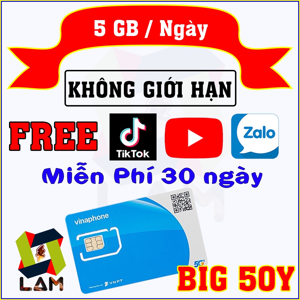 Sim 4G Vinaphone BIG50Y 5Gb/Ngày Miễn Phí Tháng Đầu – Không Giới Hạn Tỷ Gb Xem YOUTUBE/TIK TOK/ZALO BIG 50Y/BIG5G/BIG4G