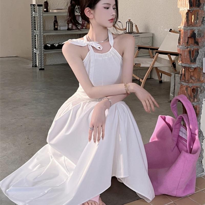 [MURIOKI] Đầm Trắng Dáng Dài Không Tay Thắt Nơ Phong Cách Hàn Quốc Thanh Lịch Dành Cho Nữ