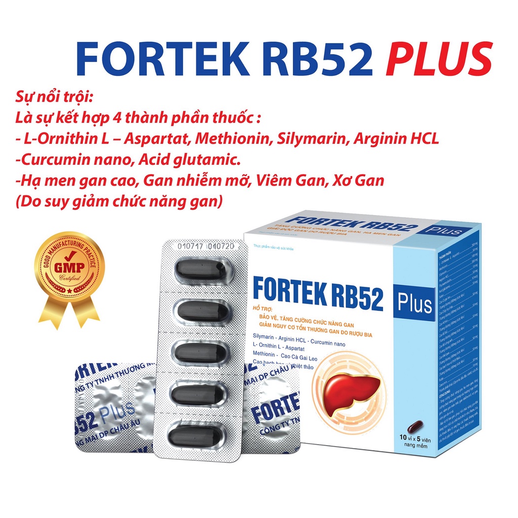 Viên Uống Bổ Gan Fortek Rb52 Plus - Giải Độc Gan - Hạ Men Gan - Bảo Vệ Tế Bào Gan - Tăng Cường Chức Năng Gan Hộp 50 Viên