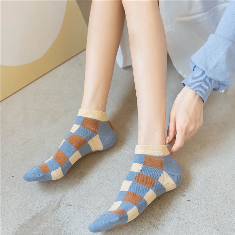 Set 5 Đôi Tất Nữ Cotton Phối Kẻ Caro..