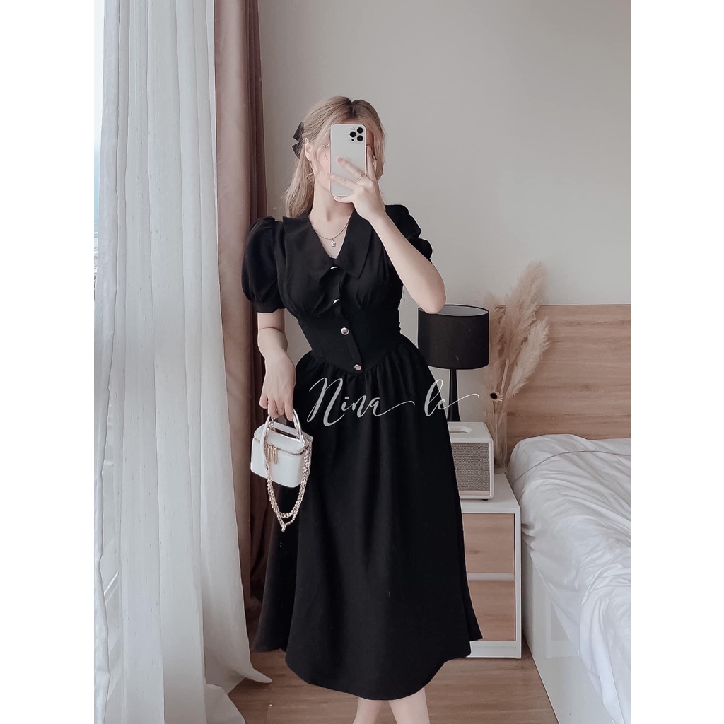 Váy nữ dự tiệc tay ngắn dáng xoè , cổ vuông hàng nút ,cho nàng dự tiệc siêu xinh - maxi đi biển, đầm xoè
