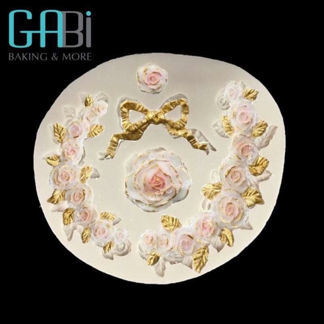 Khuôn fondant silicon hoa hồng + nơ