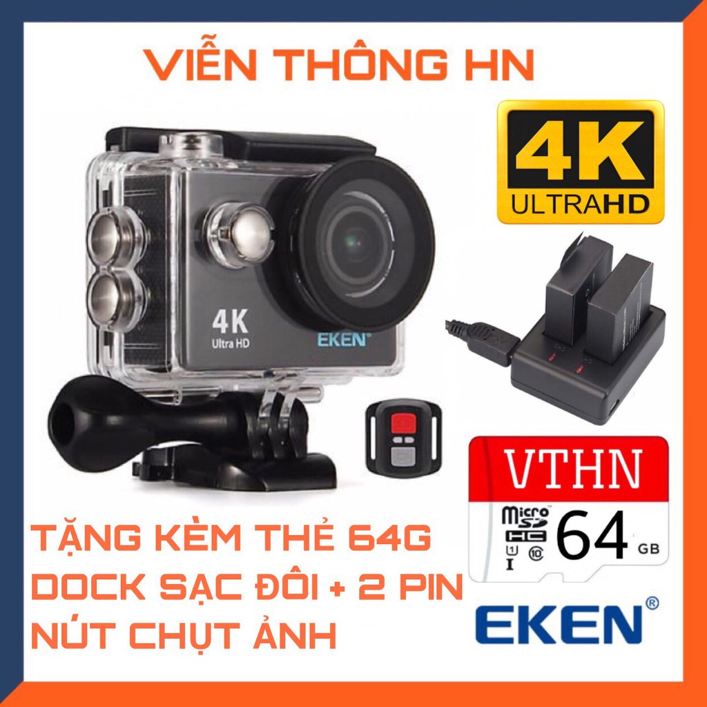Camera hành trình 4k Eken H9r bản mới  V8 nâng cấp  20MP tặng 2 pin + 1 dock sạc đôi - tặng thẻ 64gb - vienthonghn