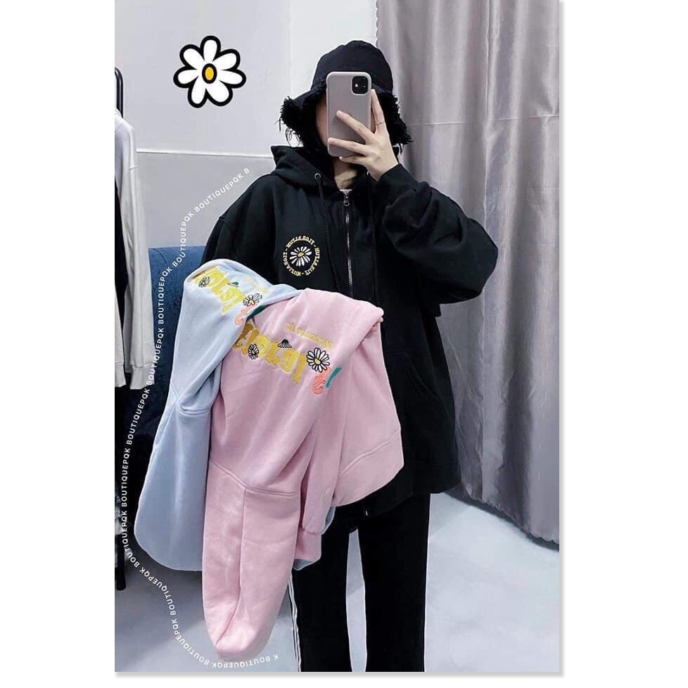 [Freeship] Áo khoác nữ form rộng hàn quốc, áo hoodie nữ form rộng có dây kéo floral fun - Thời Trang Nữ 4YOUNG