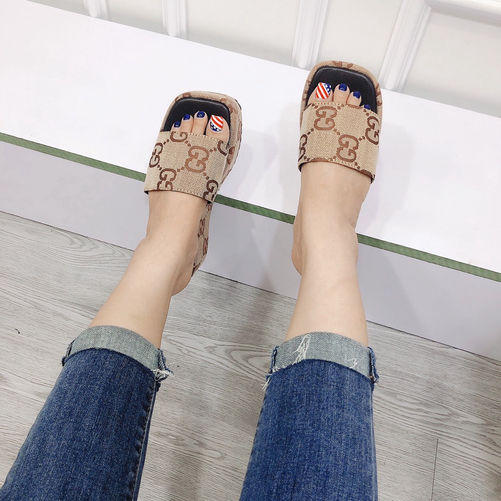 Dép Xuồng Đế Bánh Mì 5p Chất Bọc Canvas GG Form Chuẩn Size Lên Cực Xinh - 2 Màu Xanh Kem ChichanhStore