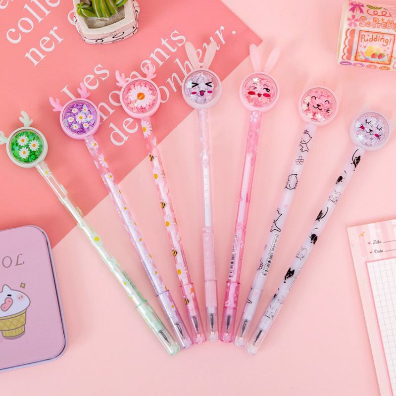 Set 5 chiếc Bút bi nước KIM TUYẾN tai thỏ, hươu ngộ nghĩnh cho bé