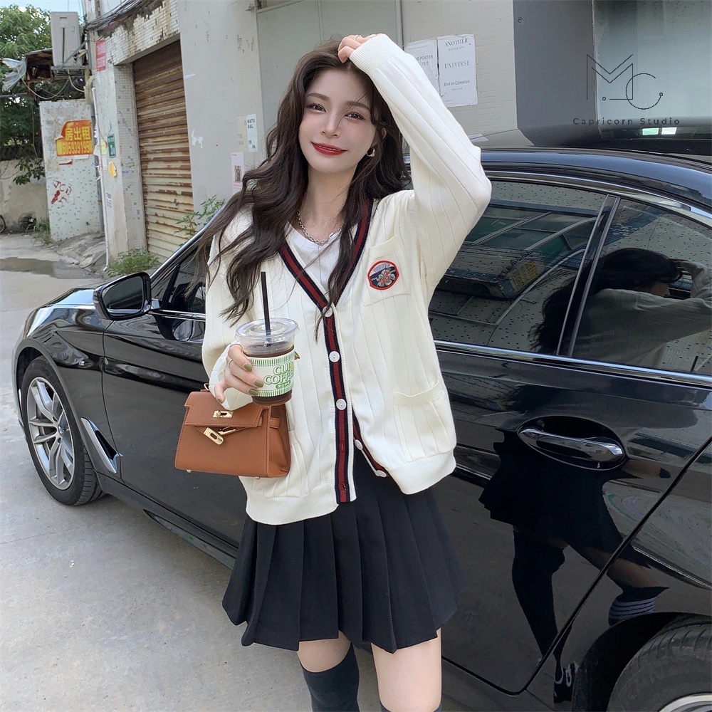 Áo khoác Cardigan mỏng viền đỏ đen nhẹ nhàng dễ thương phong cách Ulzzang